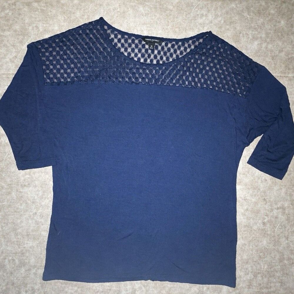 BANANA REPUBLIC LACE YOKE Mixed Media TOP 3/4 SLEEVE Granny Dots SMALL Blue
